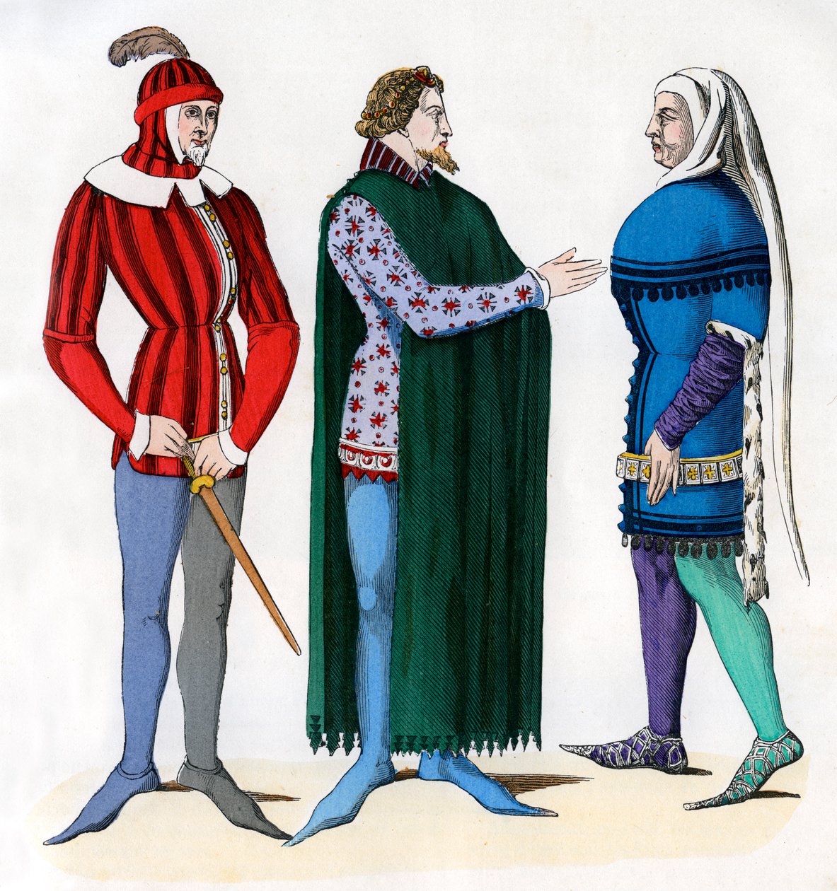 Knecht en heren in 14e-eeuwse kostuums, 1882-1884 door Unbekannt