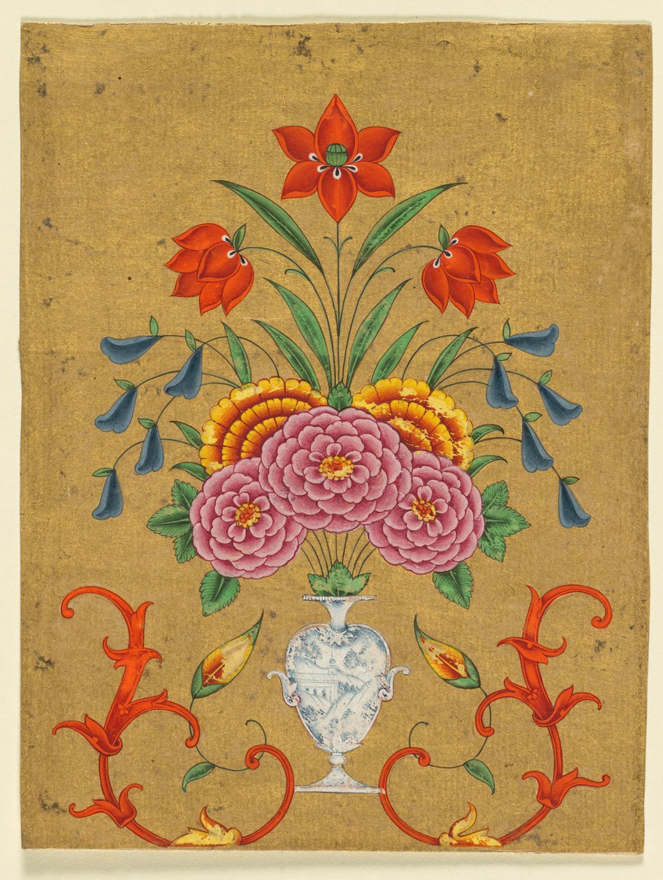 Vaas met bloemstuk en krulwerk, ca. 1750-1800 door Unbekannt