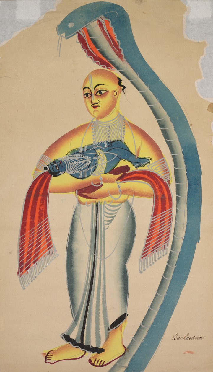 Vasudeva, de vader van Krishna, vlucht met de baby Krishna en ontmoet een cobra, 1800s door Unbekannt