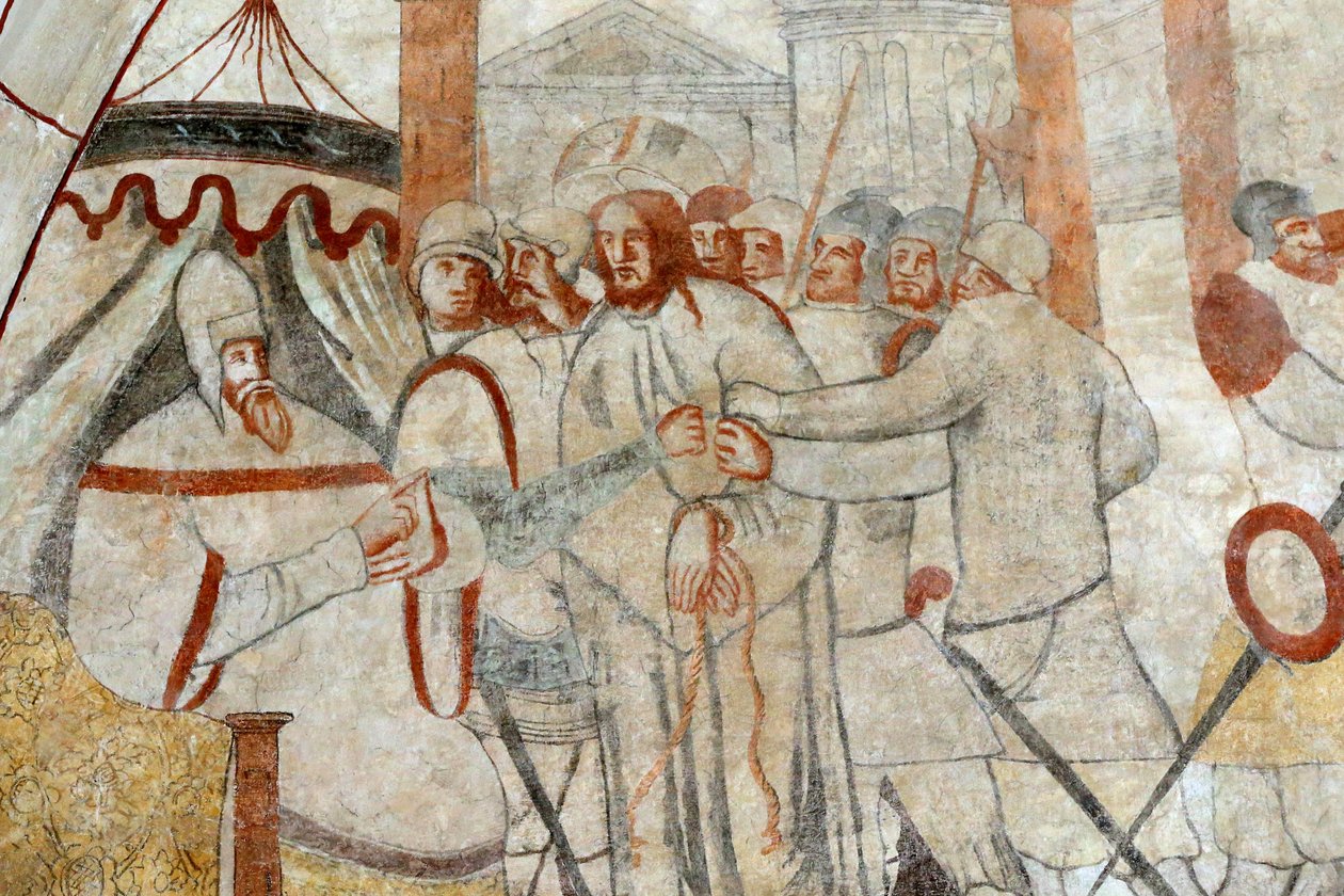 Vault de Lugny kerk. 16e-eeuwse muurschildering. Christus in zijn passie. Christus voor Pilatus. Frankrijk door Unbekannt