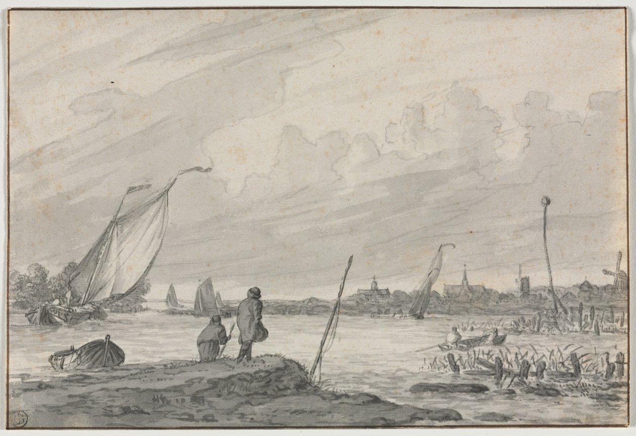 Gezicht op Alkmaar met boten, 1600s door Unbekannt