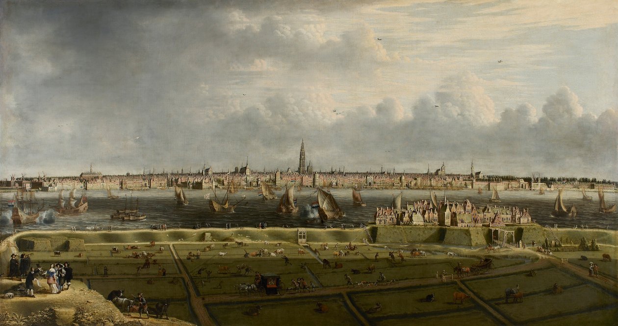 Gezicht op Antwerpen vanaf het Vlaams Hoofd door Unbekannt
