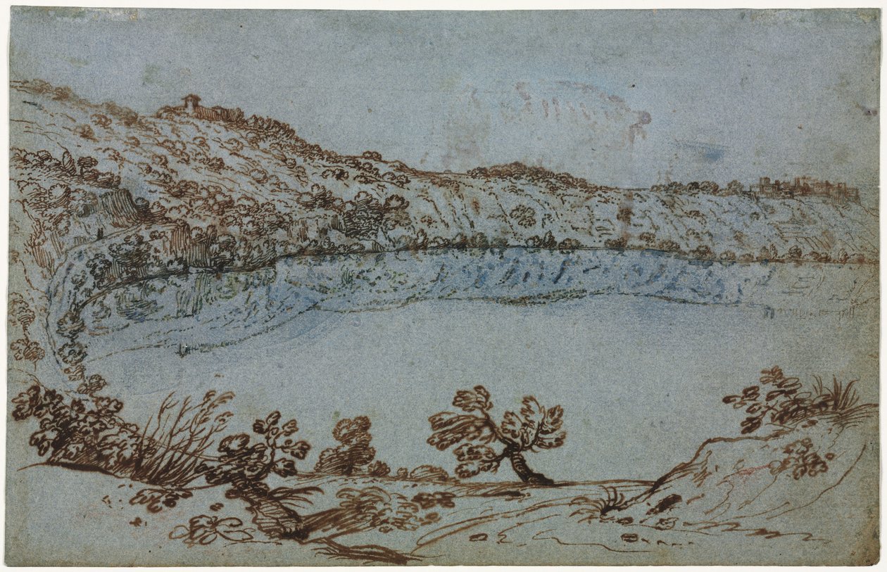 Uitzicht op het Meer van Nemi recto Kleine Groep Romeinse Ruïnes verso, ca. 1650 door Unbekannt