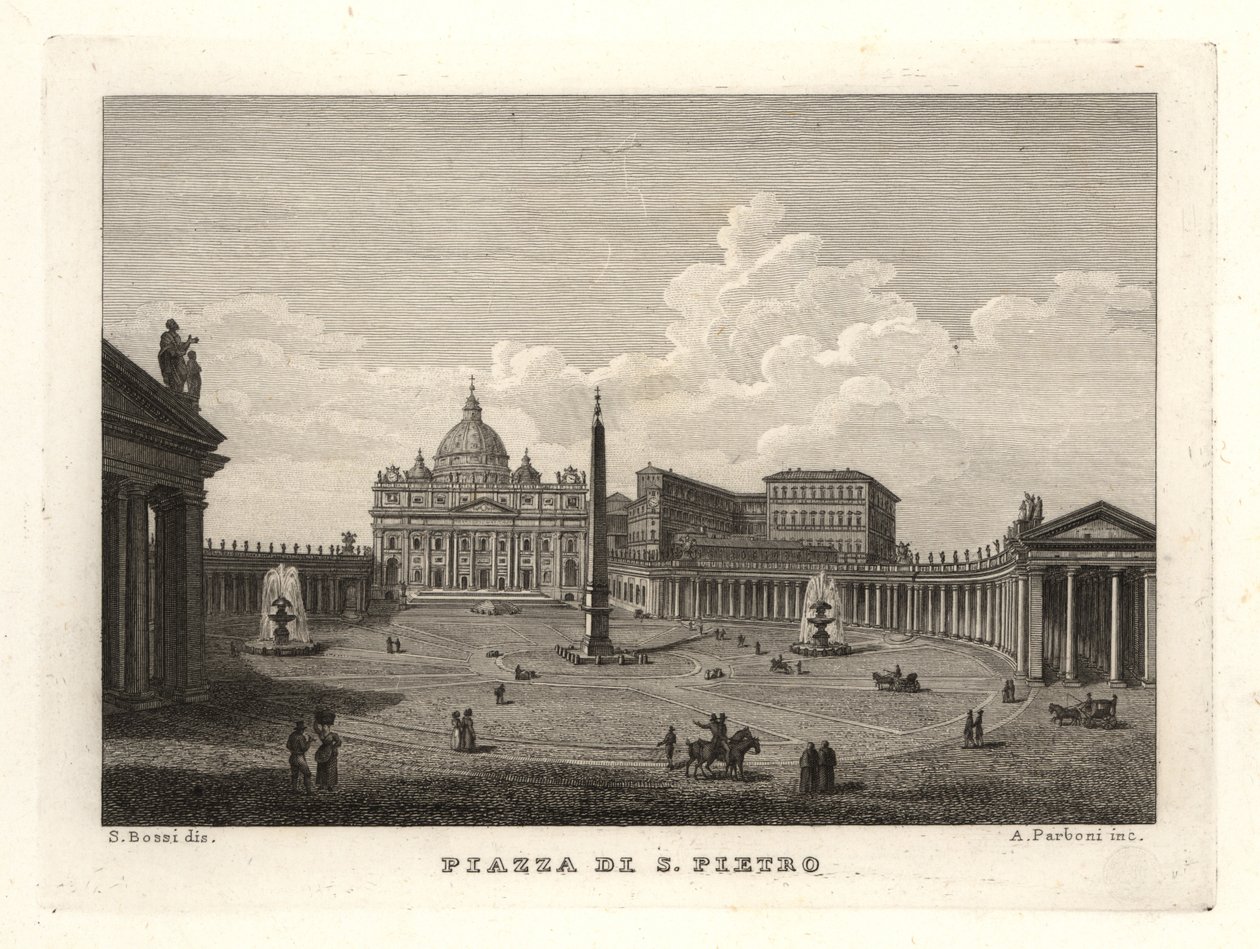 Uitzicht op het Sint-Pietersplein, Piazza di S. Pietro, met de Sint-Pietersbasiliek en oude Egyptische obelisk door Unbekannt