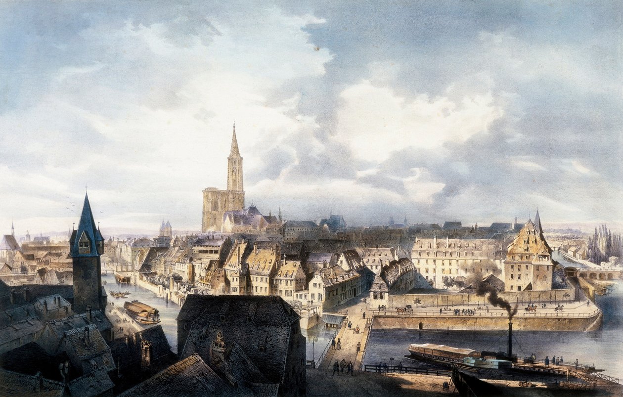 Uitzicht op Straatsburg (Frankrijk) vanaf de Saint Guillaume-toren. Lithografie in kleuren. door Unbekannt