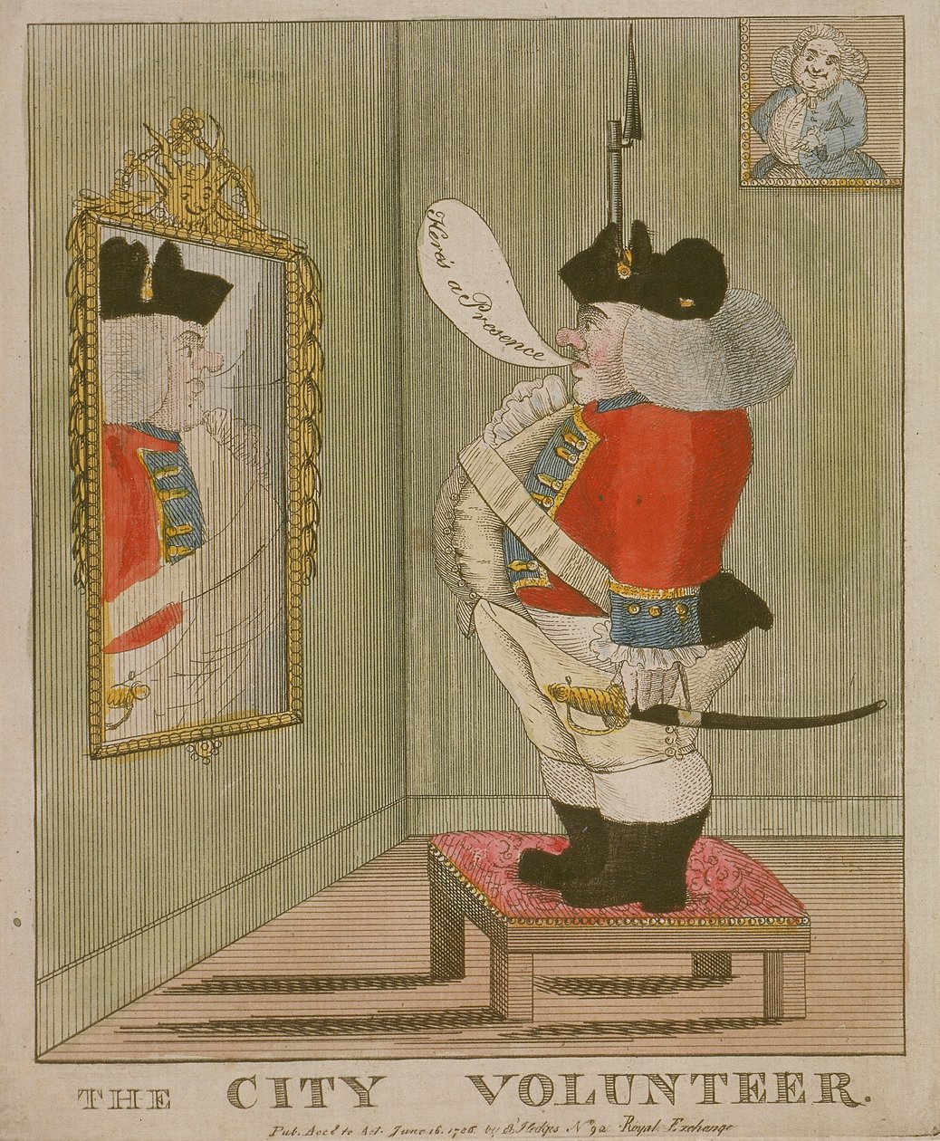 Gezicht op een gezette Stadsvrijwilliger die zichzelf in de spiegel bewondert, 1785 door Unbekannt