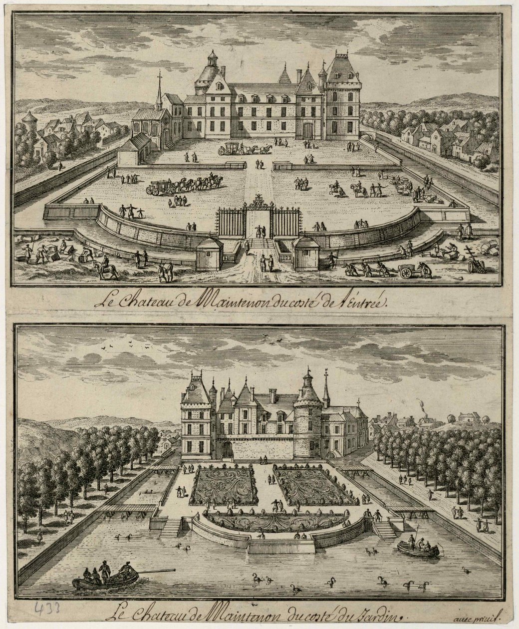 Uitzicht op het Château de Maintenon vanaf de ingang en vanuit de tuin door Unbekannt