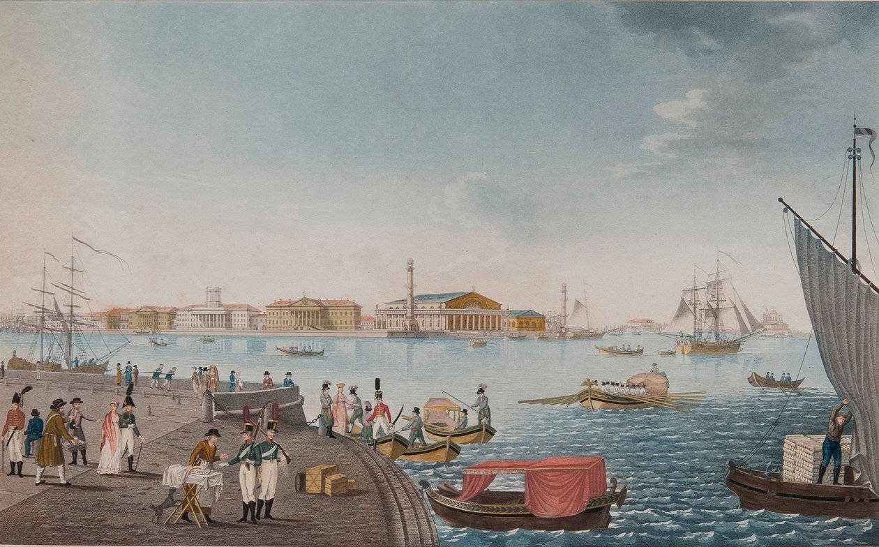 Uitzicht op de Neva-rivier en de Beurs in Sint-Petersburg, Begin 1800s door Unbekannt