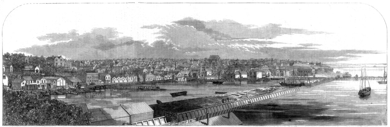 Uitzicht op de stad Auckland, Nieuw-Zeeland, met de nieuwe commerciële kade, 1860 door Unbekannt