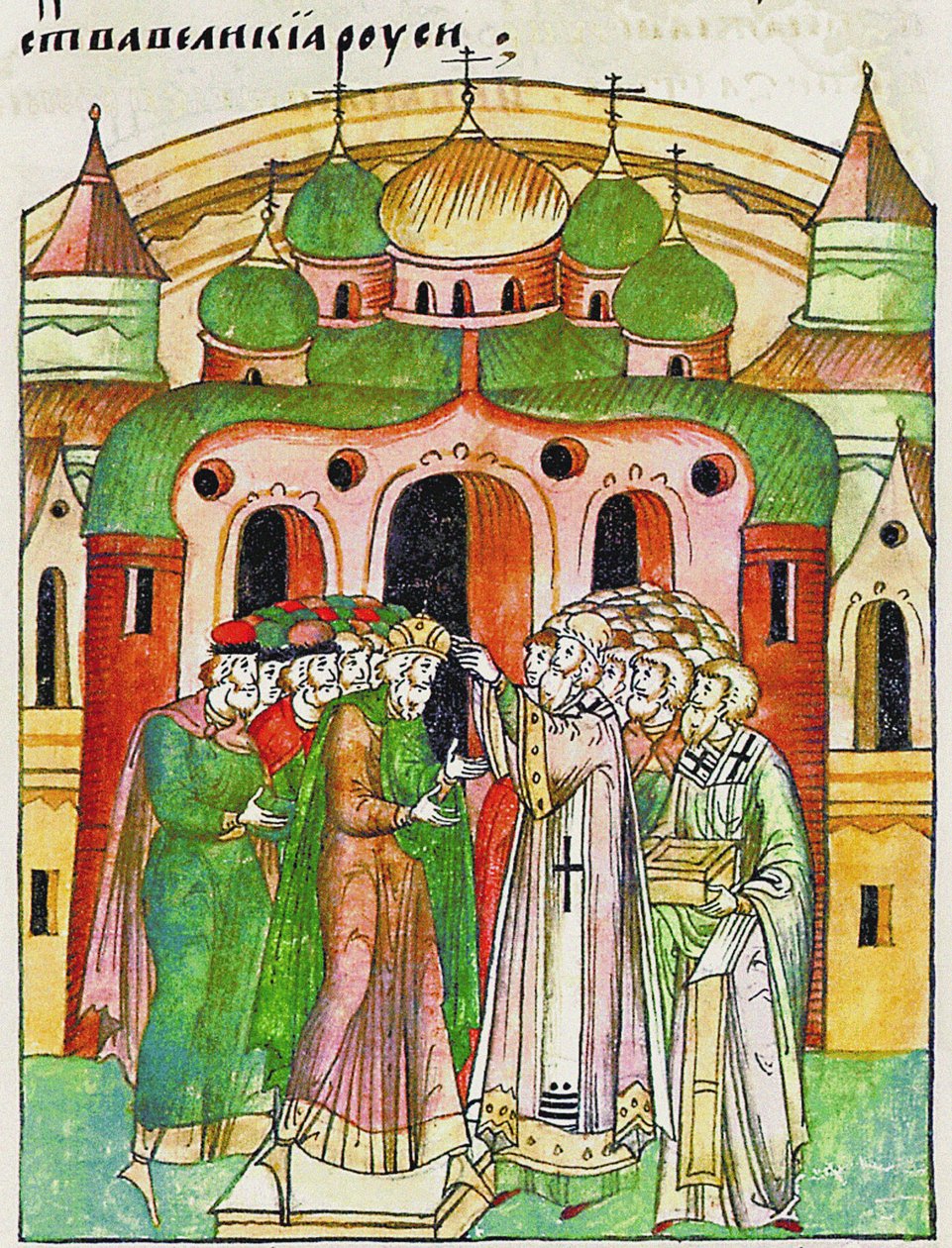 Vladimir Vsevolodovich gekroond door bisschop Neophytos met Monomakhs Cap. Uit de Verlichte Compilatie door Unbekannt