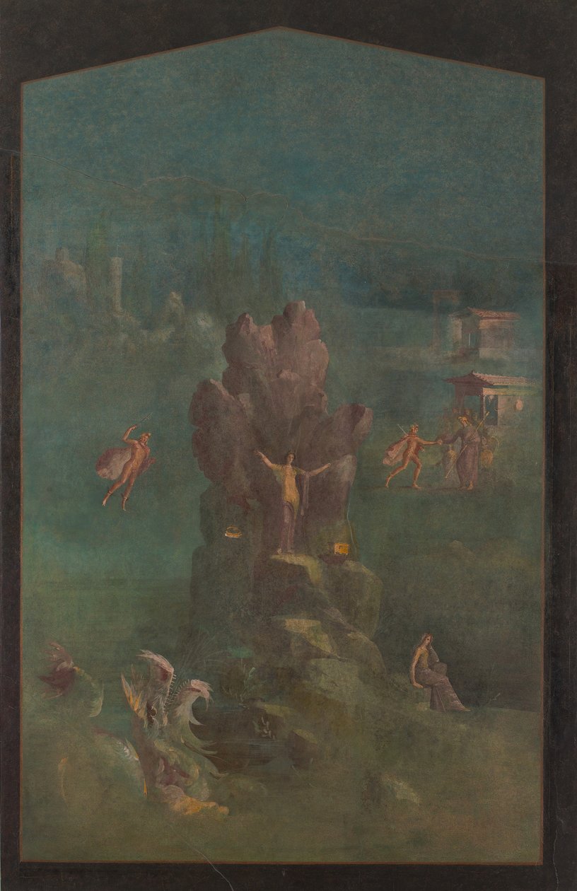 Muurschildering: Perseus en Andromeda in landschap, uit de keizerlijke villa door Unbekannt
