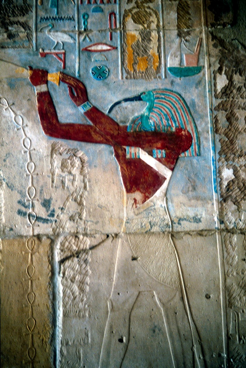 Muurschildering die de god Thoth afbeeldt, tempel van Ramses III, Medinet Habu, Egypte, ca. 1187-1156 v.Chr. door Unbekannt