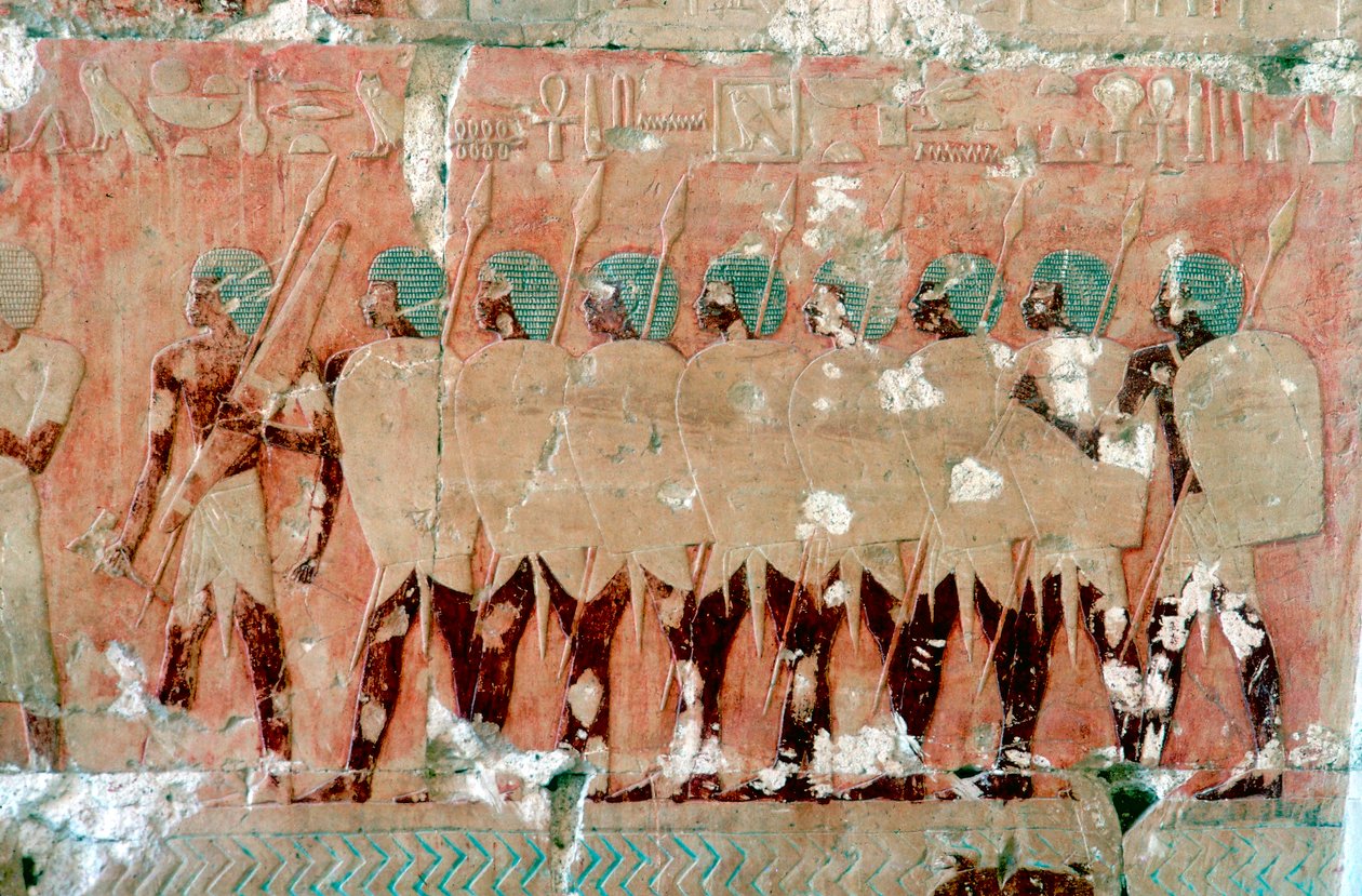 Muurschildering van Egyptische soldaten op expeditie, Tempel van koningin Hatsjepsoet, Luxor, ca. 1470 v.Chr. door Unbekannt