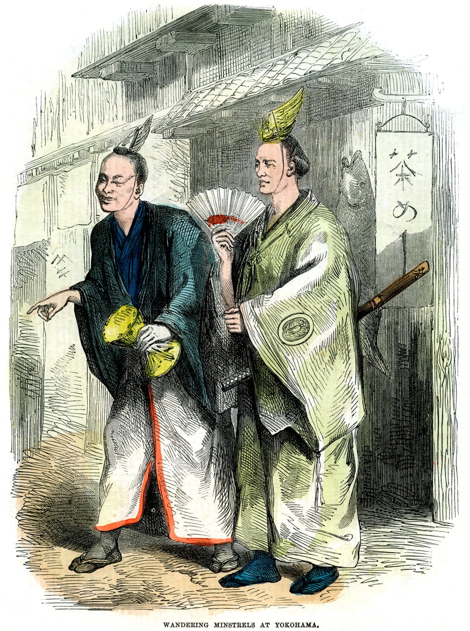 Zwerfmuzikanten in Yokohama, Japan, 1864 door Unbekannt