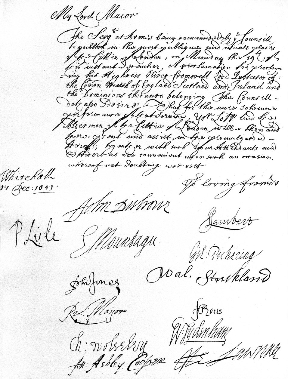 Bevel van de Staatsraad aan de Lord Mayor van Londen, waarin hij en de wethouders worden verzocht de proclamatie van Oliver Cromwell als Lord Protector van het Gemenebest van Engeland, Schotland, Ierland & de Dominions op 19 december bij te wonen door Unbekannt