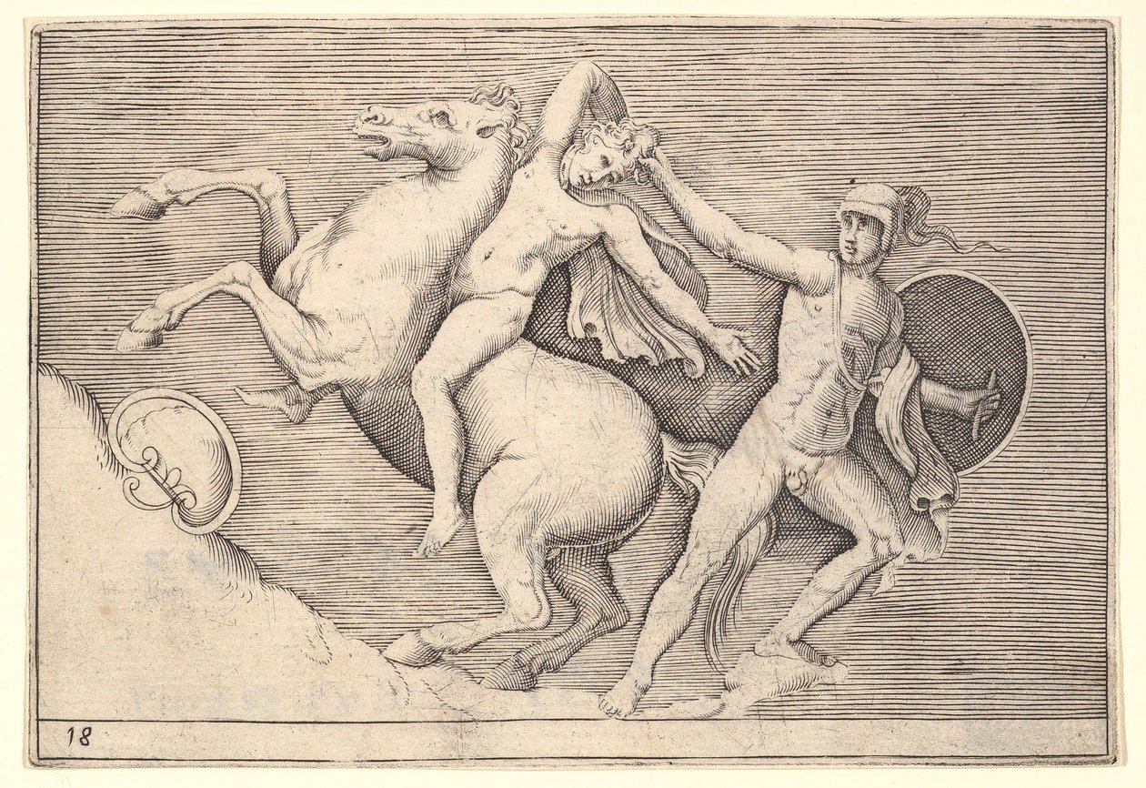 Krijger trekt een ruiter van zijn paard, uit Ex Antiquis Camorum et Ge... door Unbekannt
