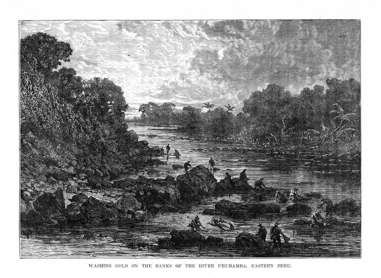 Goud wassen aan de oevers van de Urubamba-rivier, Peru, 1877 door Unbekannt