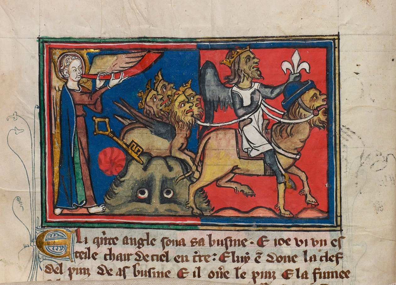 Toen de vijfde engel op zijn bazuin blies... Miniatuur uit: Apocalypse de saint Jean, ca. 1320 door Unbekannt