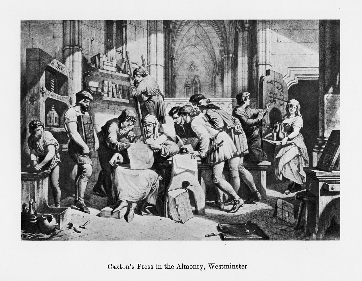 Drukpers van William Caxton in de Almonry, Westminster, 15e eeuw, 19e eeuw door Unbekannt