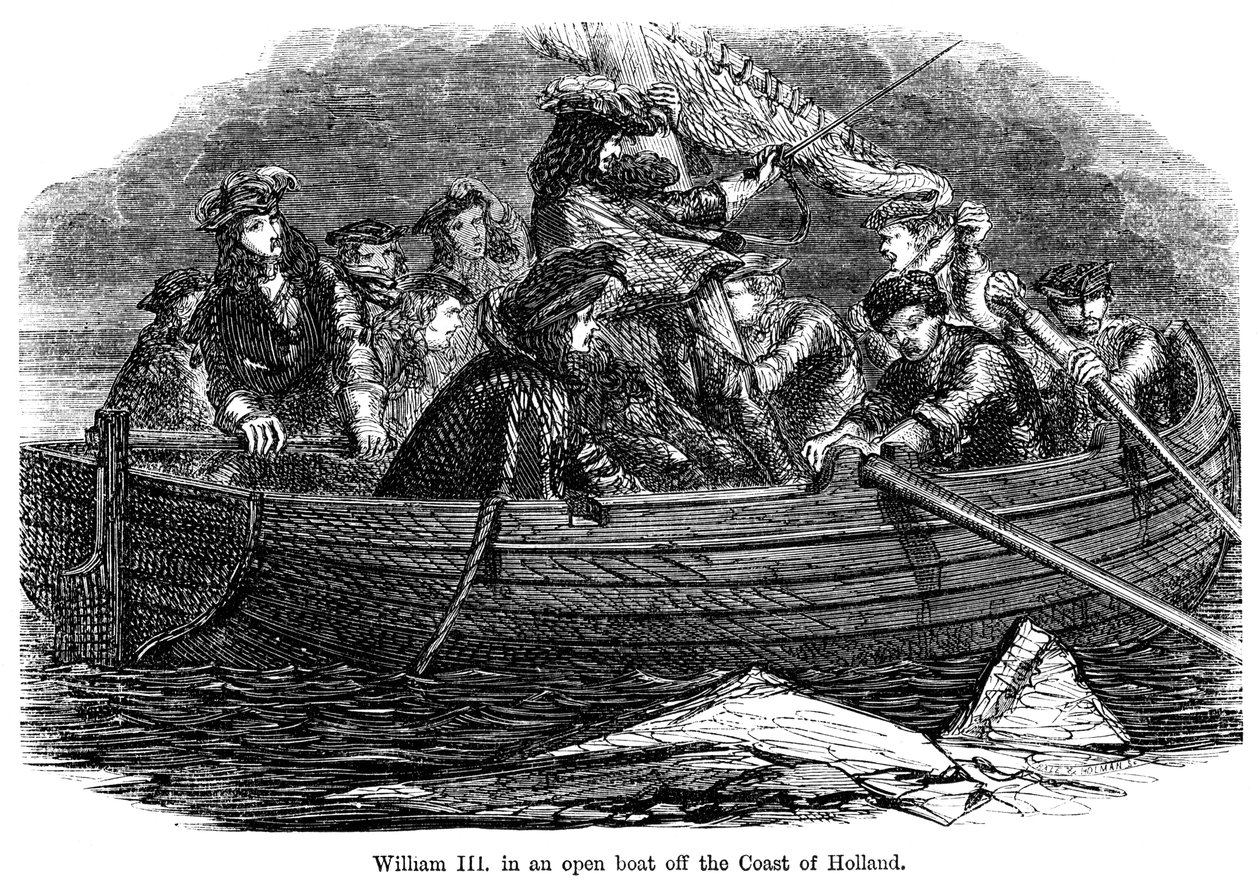 Willem III in een open boot voor de kust van Holland door Unbekannt