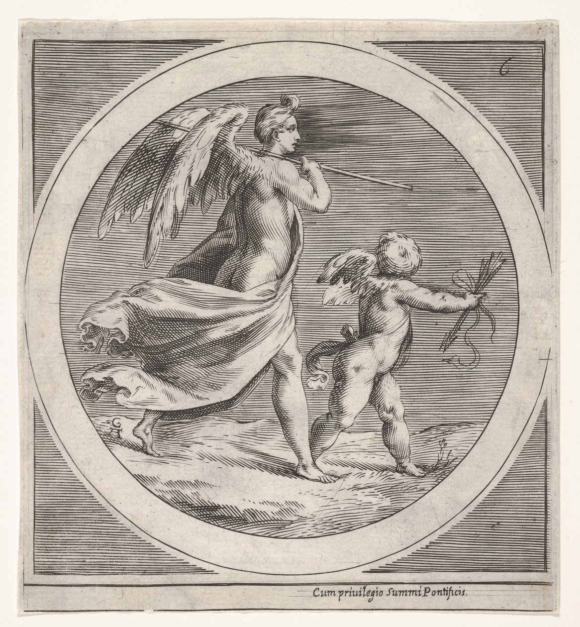 Gevleugelde vrouwelijke figuur, gedrapeerd en met een staf, achter een gevleugelde putto, ca. 1550-1600 door Unbekannt