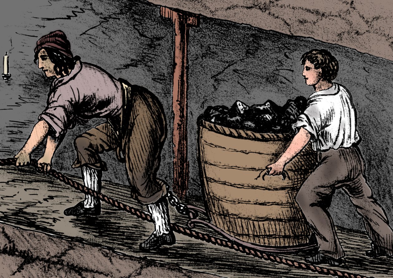 Vrouw en jongen aan het werk in een kolenmijn, Bolton, Lancashire, 1848 door Unbekannt