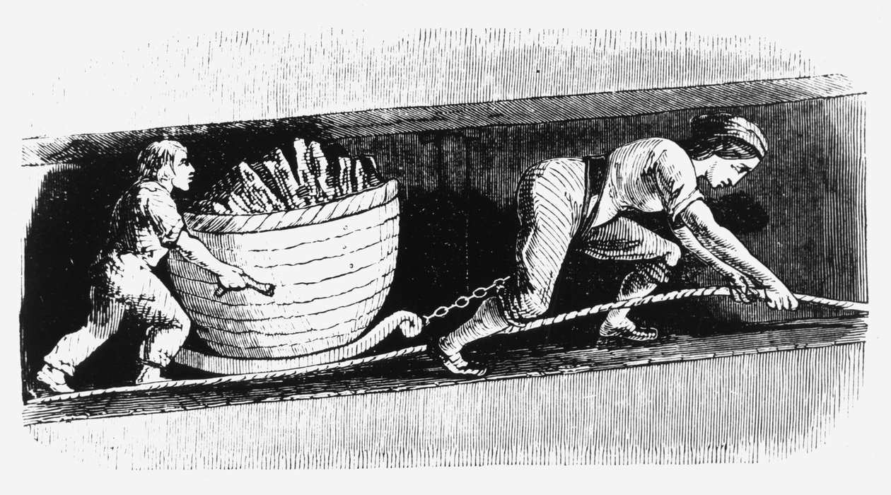 Vrouw en jongen tekenen een korf met 3-4 cwt kolen, Bolton, Lancashire, 1848 door Unbekannt