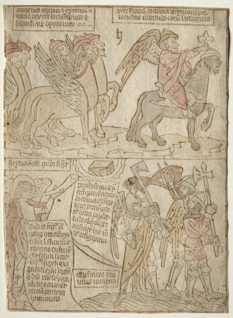 Pagina uit de Apocalyps De Sprinkhanen met de Engel van de Afgrond en De Zesde Trompet, 1400s door Unbekannt