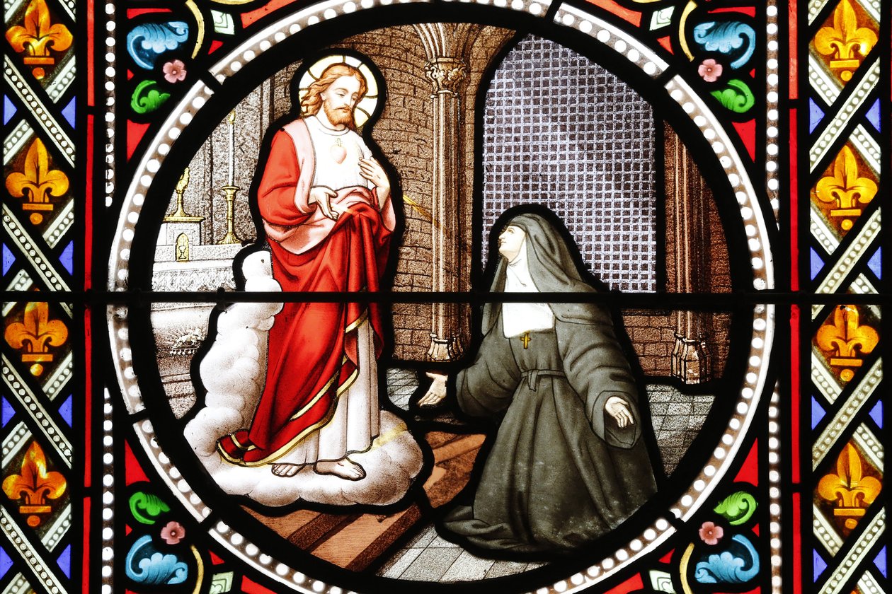 Sainte Marguerite-Marie (Marguerite Marie) Alacoque (1647-1690) mystica van de orde van de visitatie, glas-in-lood, Paray le Monial, Saone et Loire door Unbekannt