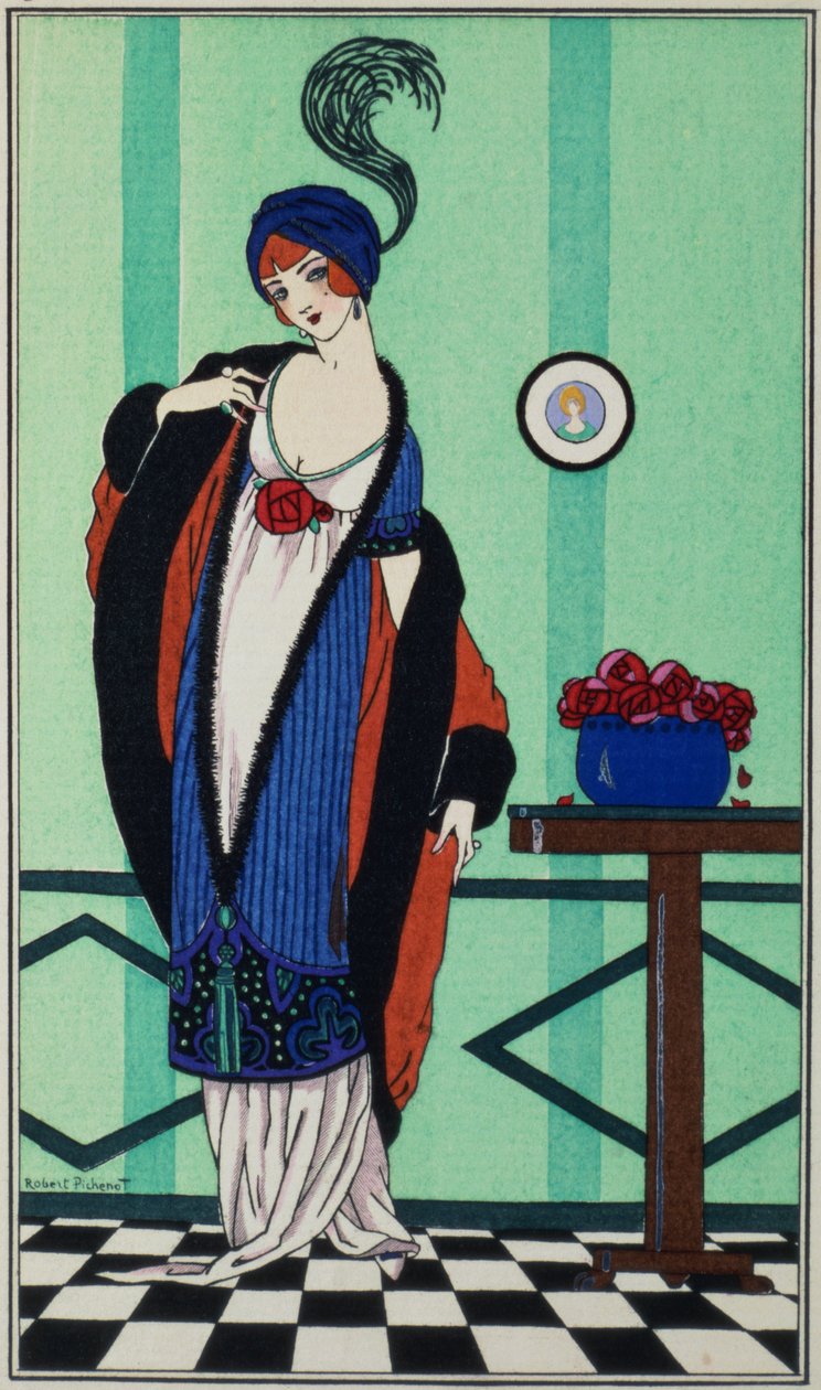 Bontjas met mousseline tuniek uit `Costumes Parisiens door Robert Pichenot, 1913 door Unbekannt Unbekannt