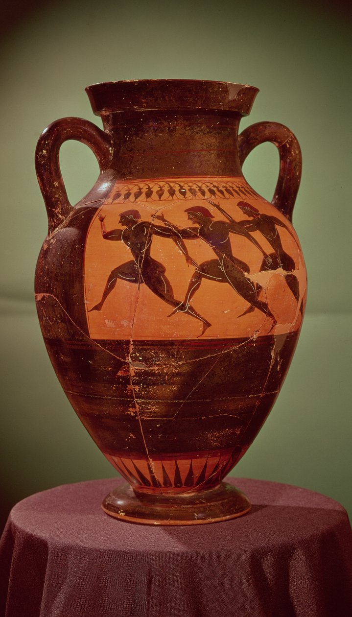Griekse zwartfigurig amfoor met afbeelding van hardlopers in een race, 600-550 v.Chr. door Unbekannt Unbekannt