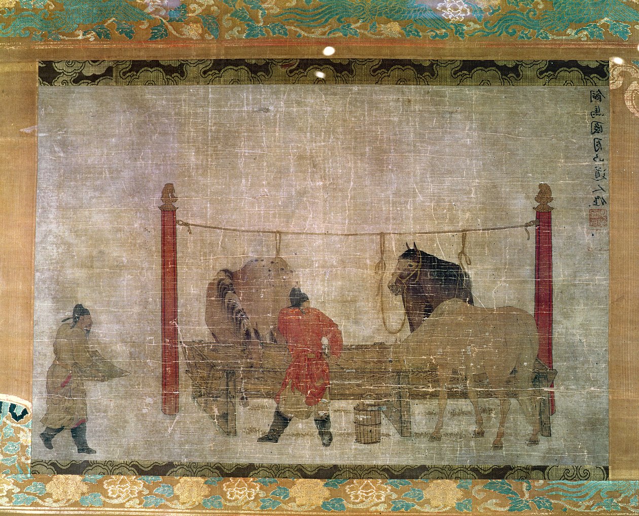 Hanger, die stalknechten toont die paarden voeren, inkt en aquarel op zijde, toegeschreven aan Jen Jen-Far, Chinees, 14e eeuw door Unbekannt Unbekannt