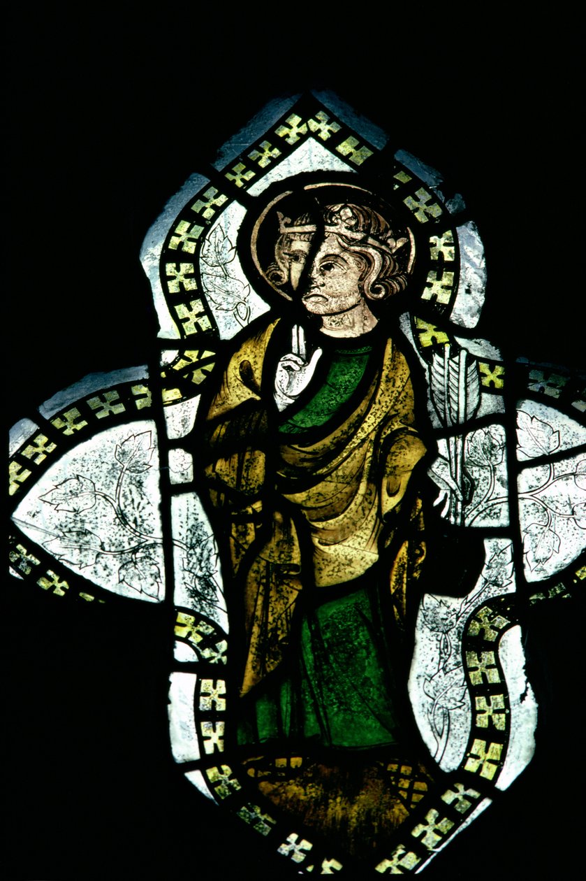 St. Edmund, gekroond en met nimbus, dragend de pijlen van zijn martelaarschap, 14e eeuw glas-in-lood door Unbekannt Unbekannt