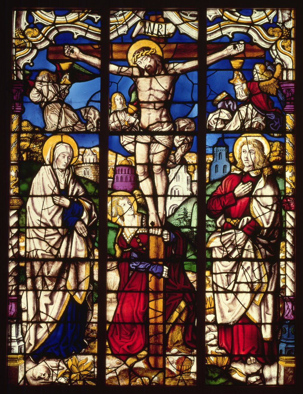 De Kruisiging, glas-in-loodraam, waarschijnlijk van de Abdij van Altenberg, nabij Keulen, mogelijk ontworpen door de Schilder bekend als de Meester van de Heilige Verwanten, ca. 1500 door Unbekannt Unbekannt