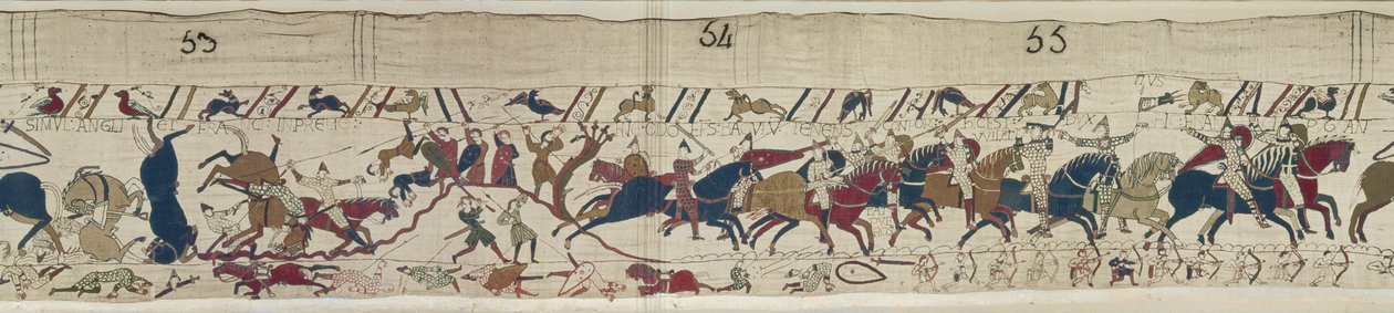 Normandiërs en Engelsen Vallen Zij aan Zij en Bisschop Odo verzamelt de Normandiërs, Tapijt van Bayeux door Unbekannt Unbekannt