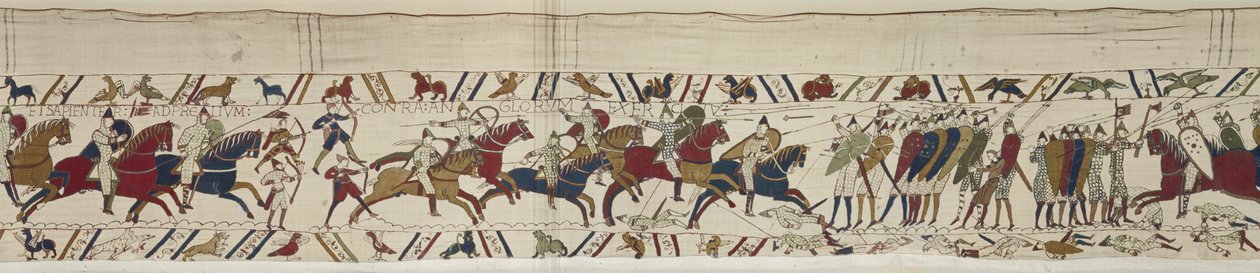De Normandische cavalerie valt de Engelse schildmuur aan en de slag begint, Tapijt van Bayeux door Unbekannt Unbekannt