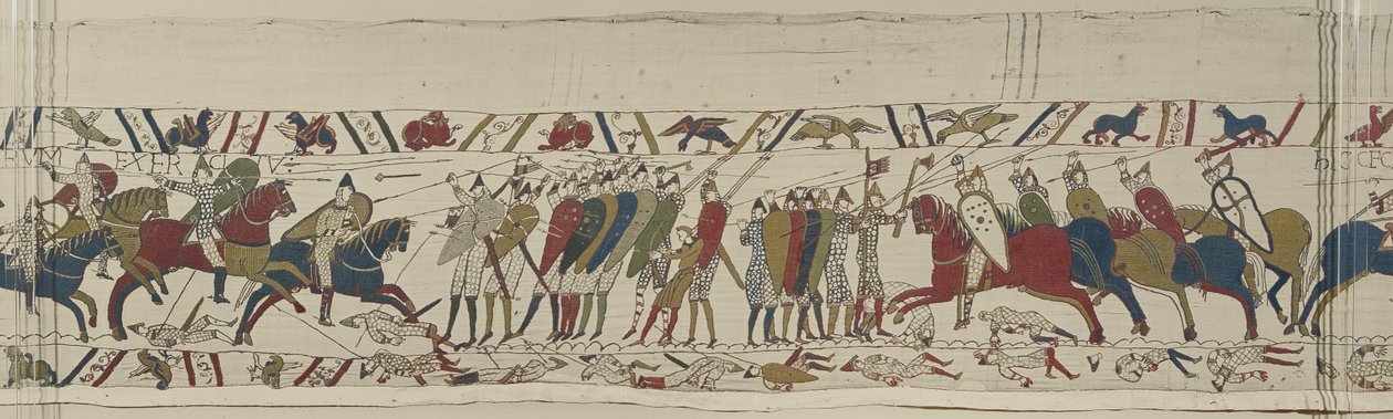 De Normandische cavalerie valt de Engelse schildmuur aan en de strijd begint, Tapijt van Bayeux door Unbekannt Unbekannt
