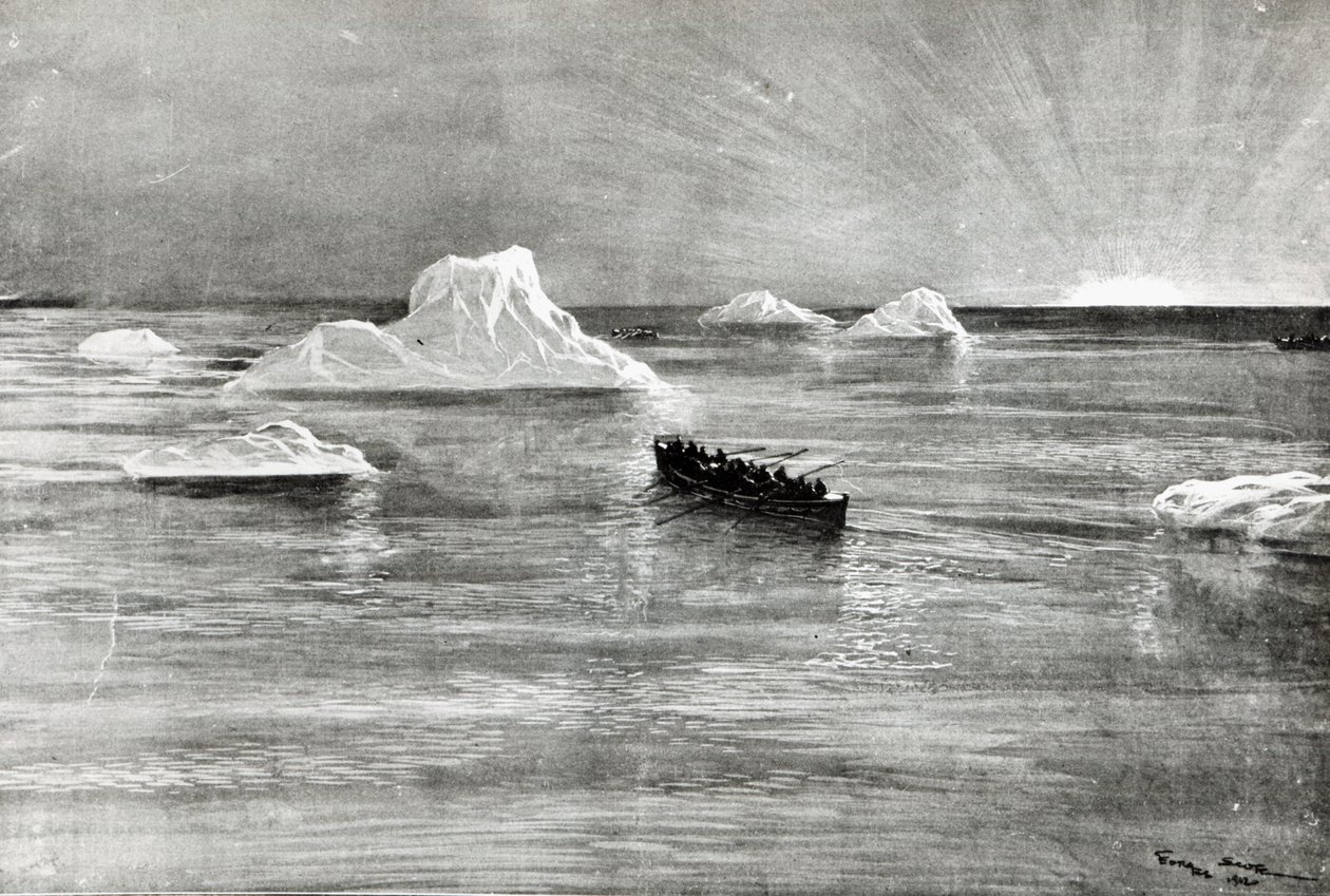 Dageraad voor enkele van de geredde passagiers in een van de "Titanic" reddingsboten, 1912 door Unbekannt Unbekannt