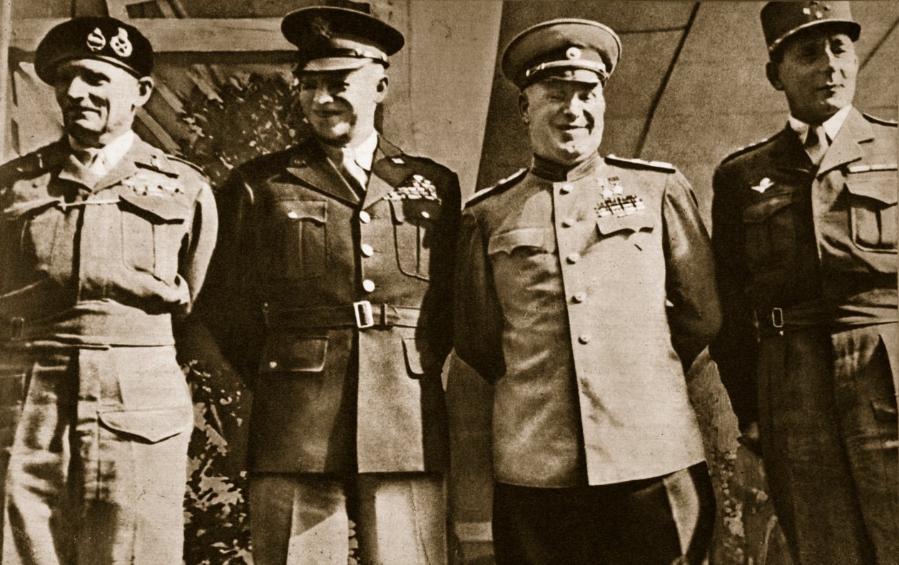Veldmaarschalk Montgomery, Generaal Eisenhower, Maarschalk Zhukov en Generaal de Lattre de Tassigny, Berlijn, 5 juni 1945 door Unbekannt Unbekannt
