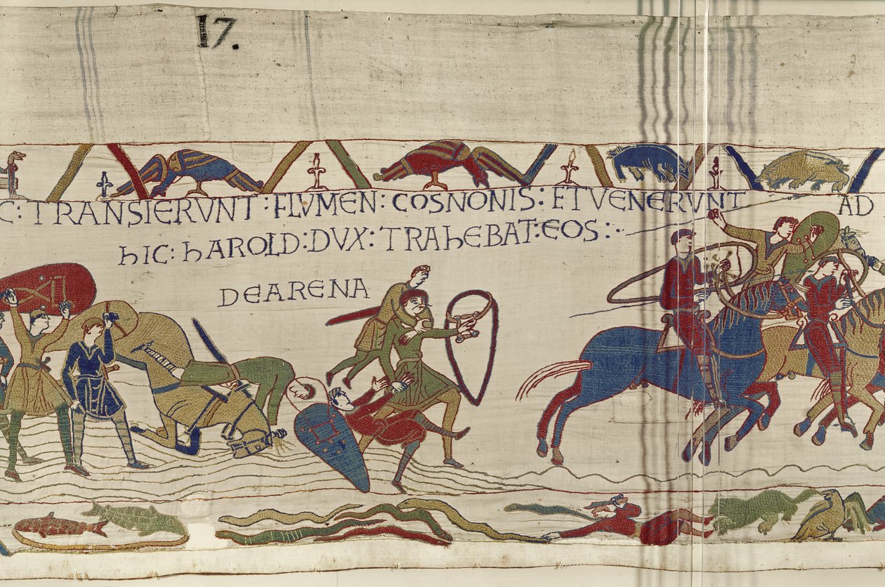 Harold trekt Normandische soldaten uit het drijfzand, Tapijt van Bayeux door Unbekannt Unbekannt