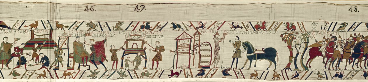 Normandiërs bouwen versterkingen in Hastings en, na het horen van nieuws over Harold, trekken ze ten strijde, Tapijt van Bayeux door Unbekannt Unbekannt