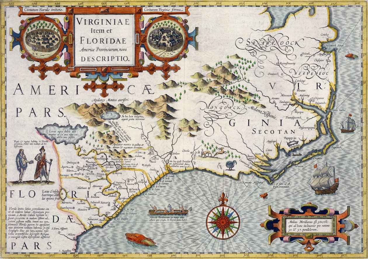 North Carolina, getiteld "Virginiae item et Floridae" uit de Mercator "Atlas..." van 1606, uitgegeven door Jodocus Hondius, 1619 door Unbekannt Unbekannt
