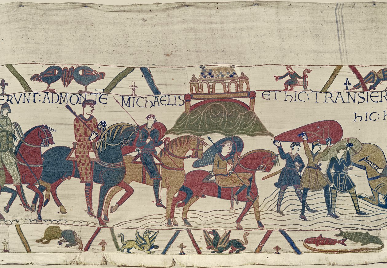 Willem leidt zijn leger naar Bretagne waar ze vast komen te zitten in drijfzand, Tapijt van Bayeux door Unbekannt Unbekannt