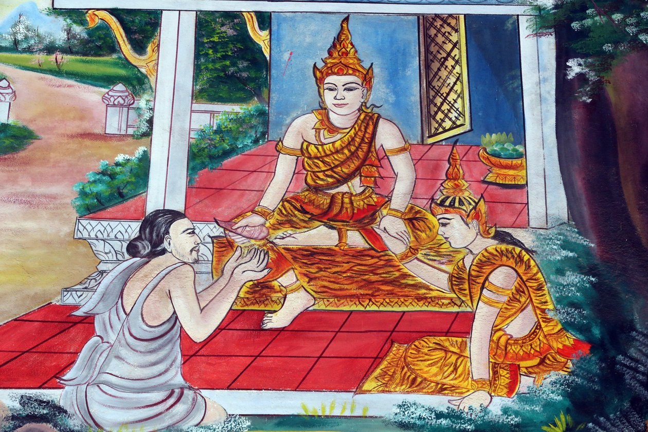 Wat Inpeng boeddhistische tempel. De Jataka-verhalen zijn verhalen over de vorige levens van de Boeddha (dat wil zeggen, voordat hij voor de laatste keer werd geboren om de Boeddha te worden), Vientiane, Laos door Unbekannt