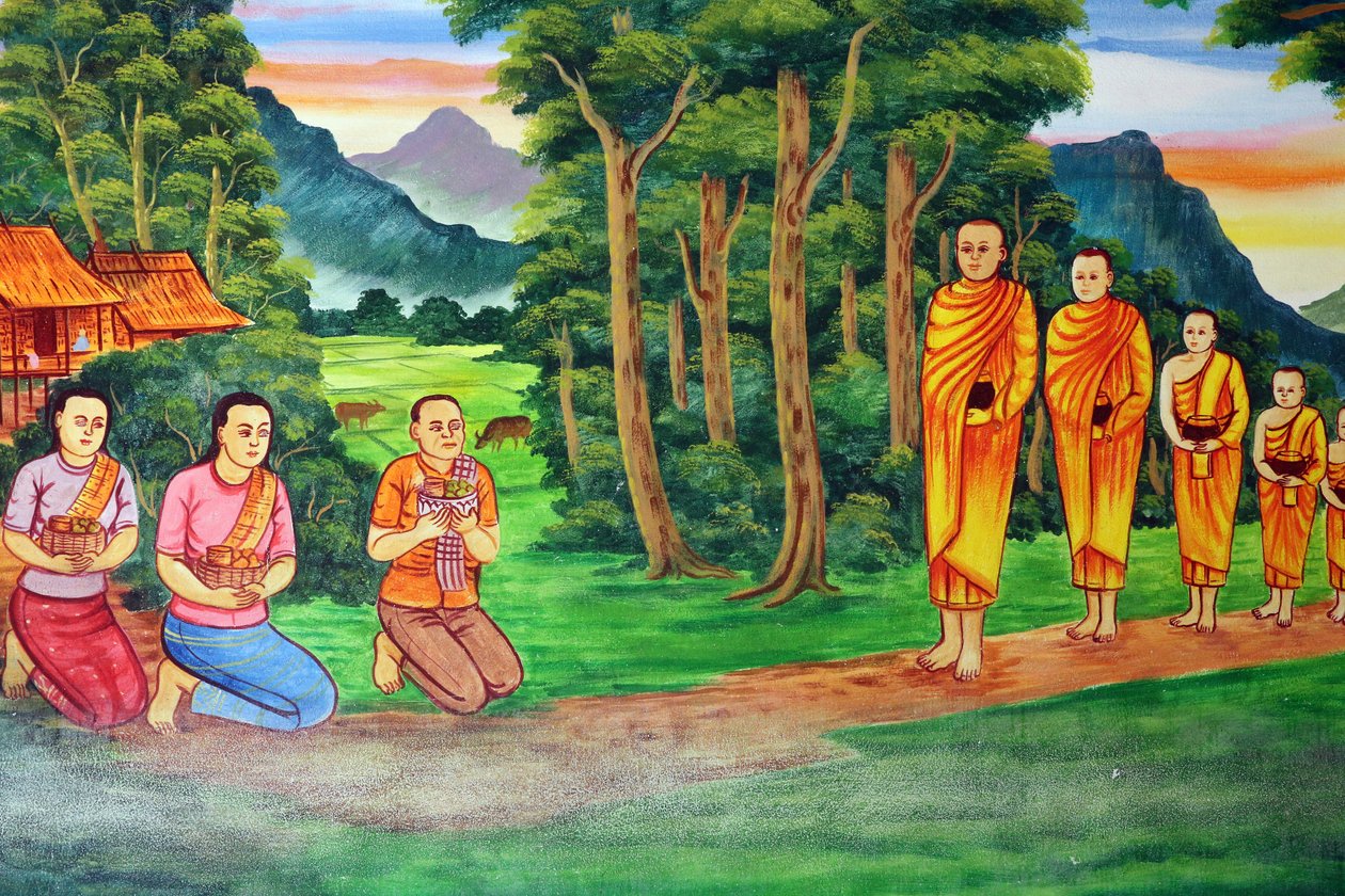 Wat Si Muang boeddhistische tempel. Schilderij dat het levensverhaal van Shakyamuni Boeddha afbeeldt door Unbekannt