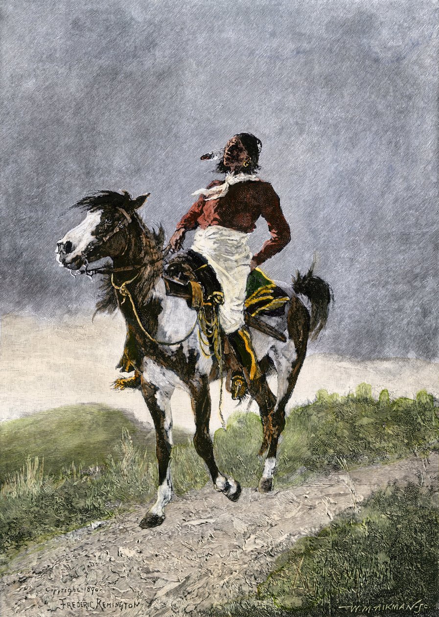 Een dappere Comanche, te paard reizend in de zuidelijke prairies (Texas, Oklahoma, VS), rond 1800. Lithografie door Unbekannter Künstler