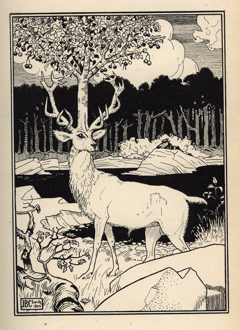 Een kersenboom op het hoofd van een hert geraakt door de stenen van kersen geslingerd door de baron van Munchausen. Illustratie door William Strang (1859-1921) en JB Clark uit 