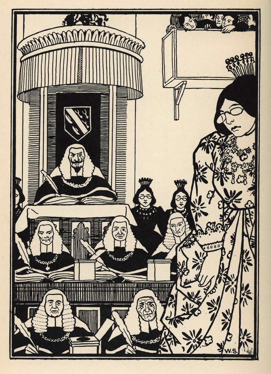 Een grotendeels vrouwelijke rechtbank verschijnt voor de Baron, een ironie die het vermelden waard is onder zijn avonturen. Illustratie door William Strang (1859-1921) en JB Clark uit “The Adventures of the Baron of Munchausen (Munchhausen) door Rudolf Eri door Unbekannt