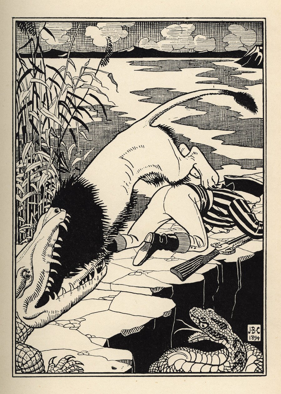 Een leeuw die de Baron van Munchausen wilde aanvallen eindigde met een krokodil. Illustratie door William Strang (1859-1921) en JB Clark uit “The Adventures of the Baron of Munchausen (Munchhausen) door Rudolf Erich Raspe (1736-1794) (1789) door Unbekannt