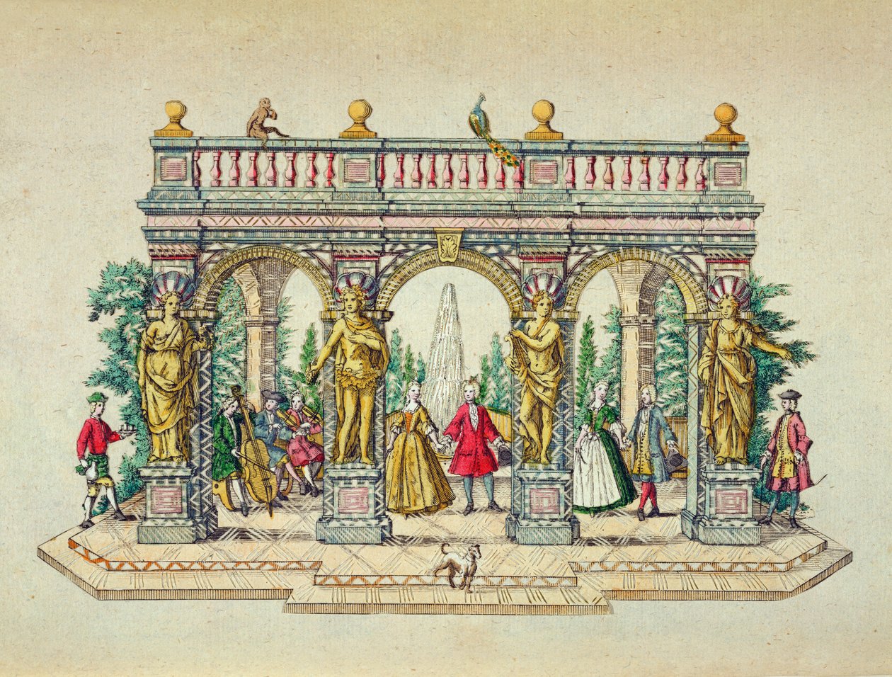 Een muzikaal gezelschap in een prieel, midden 18e eeuw (gekleurde gravure) door Unbekannt